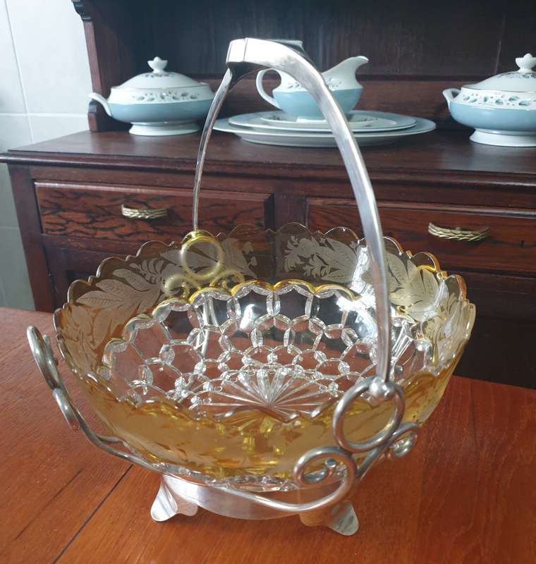 Vintage Cut Glass Honeycomb Thumbprint Serving Bowl  | EPNS BASKET |