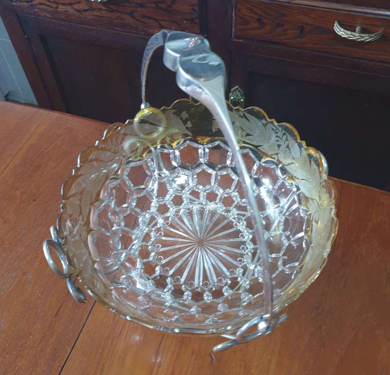 Vintage Cut Glass Honeycomb Thumbprint Serving Bowl  | EPNS BASKET |