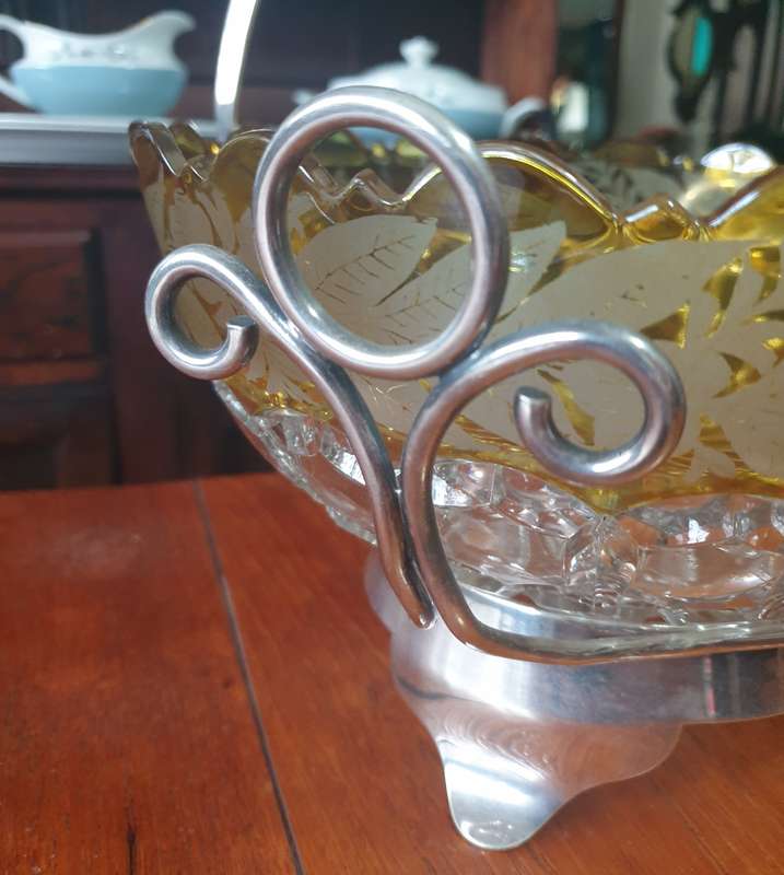 Vintage Cut Glass Honeycomb Thumbprint Serving Bowl  | EPNS BASKET |