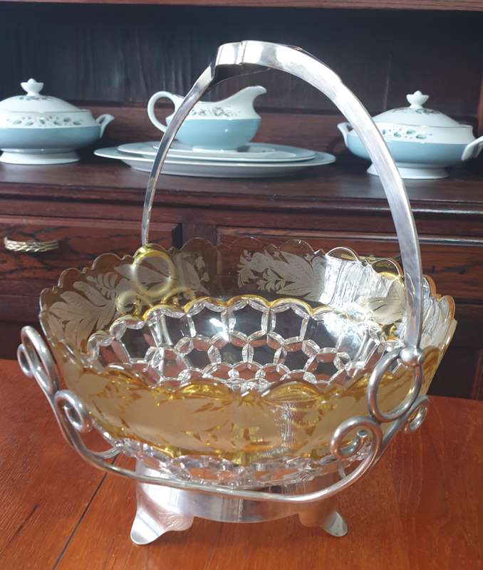Vintage Cut Glass Honeycomb Thumbprint Serving Bowl  | EPNS BASKET |