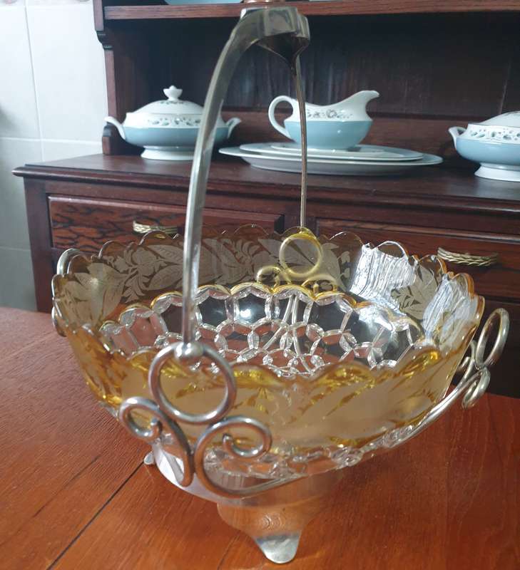 Vintage Cut Glass Honeycomb Thumbprint Serving Bowl  | EPNS BASKET |