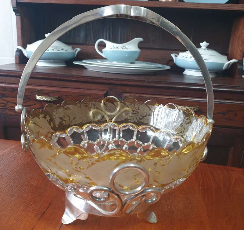 Vintage Cut Glass Honeycomb Thumbprint Serving Bowl  | EPNS BASKET |