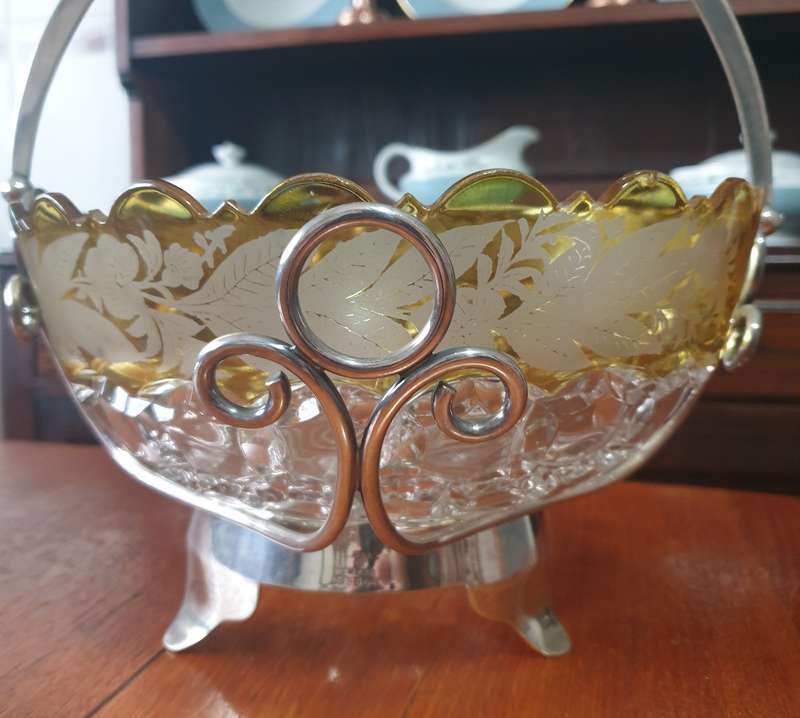 Vintage Cut Glass Honeycomb Thumbprint Serving Bowl  | EPNS BASKET |