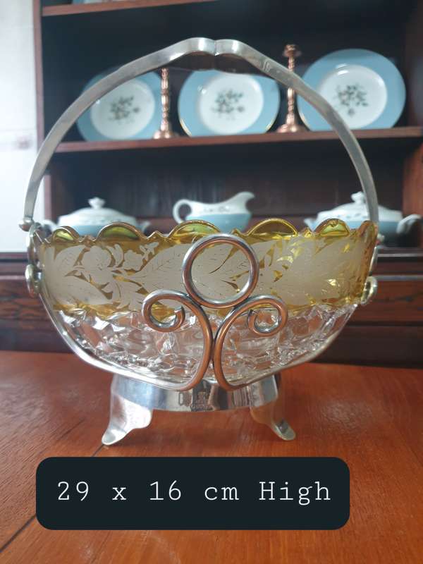 Vintage Cut Glass Honeycomb Thumbprint Serving Bowl  | EPNS BASKET |