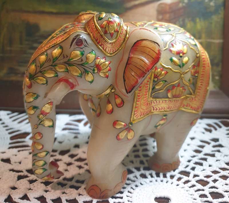 Hand-Painted Marble Elephant - A Masterpiece of Artistry on Stone