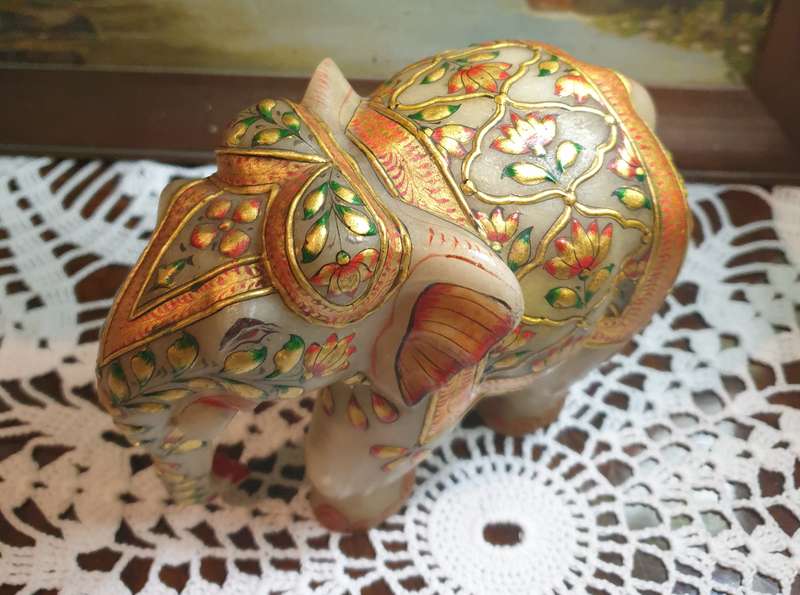 Hand-Painted Marble Elephant - A Masterpiece of Artistry on Stone