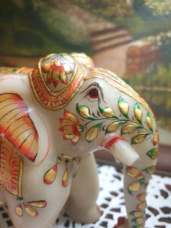 Hand-Painted Marble Elephant - A Masterpiece of Artistry on Stone