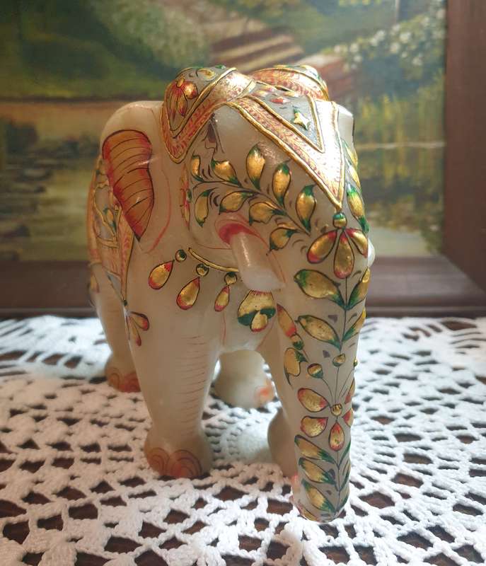 Hand-Painted Marble Elephant - A Masterpiece of Artistry on Stone
