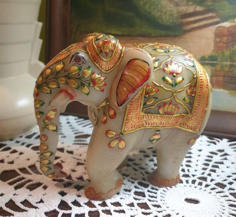 Hand-Painted Marble Elephant - A Masterpiece of Artistry on Stone