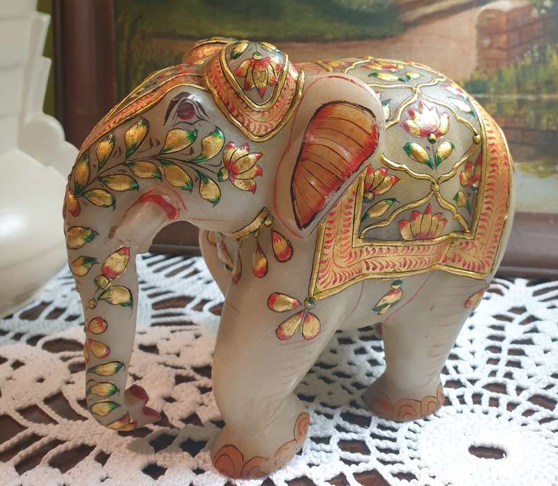 Hand-Painted Marble Elephant - A Masterpiece of Artistry on Stone