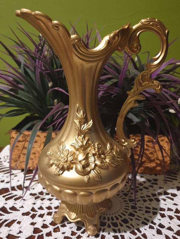 Italy Ornate metal  Vase Floral Pitcher | Footed Raised Flowers Vessel | 02