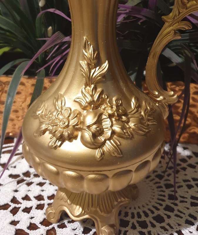 Italy Ornate metal  Vase Floral Pitcher | Footed Raised Flowers Vessel | 02