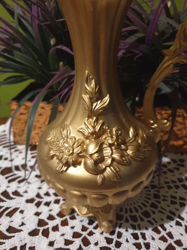 Italy Ornate metal  Vase Floral Pitcher | Footed Raised Flowers Vessel | 02
