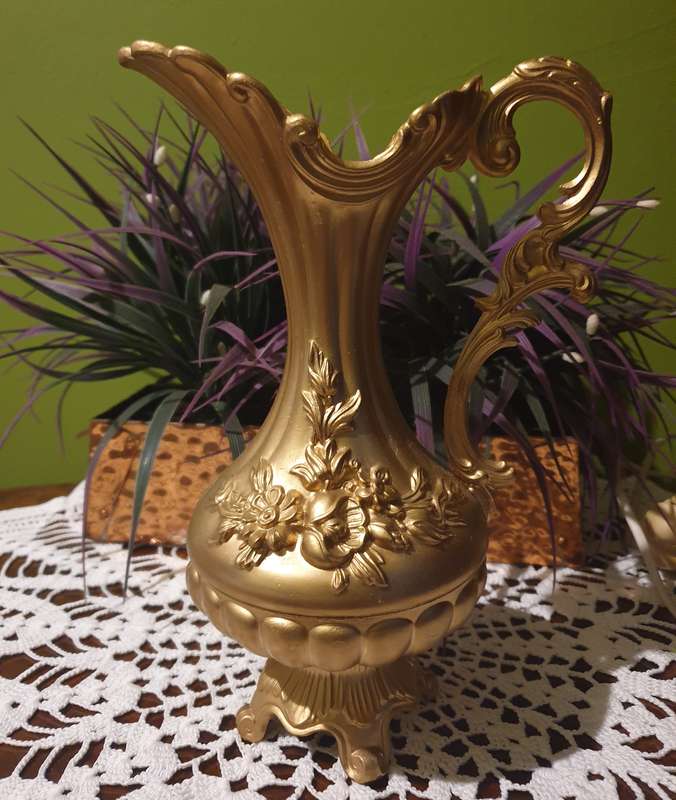 Italy Ornate metal  Vase Floral Pitcher | Footed Raised Flowers Vessel | 02