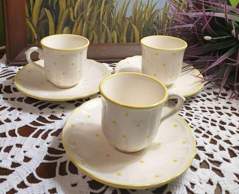 3 French Cups and Saucers for your Collection | Polka Dot | Yellow |