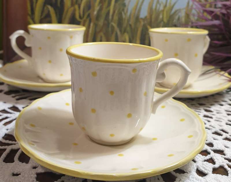 3 French Cups and Saucers for your Collection | Polka Dot | Yellow |