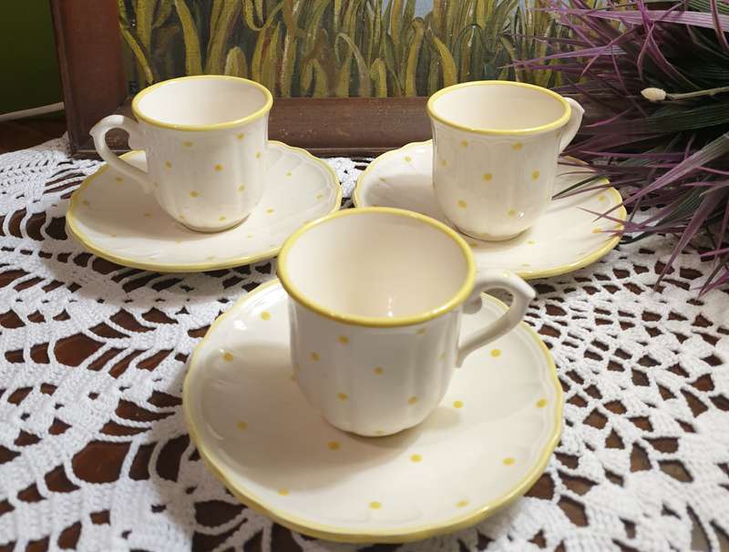 3 French Cups and Saucers for your Collection | Polka Dot | Yellow |