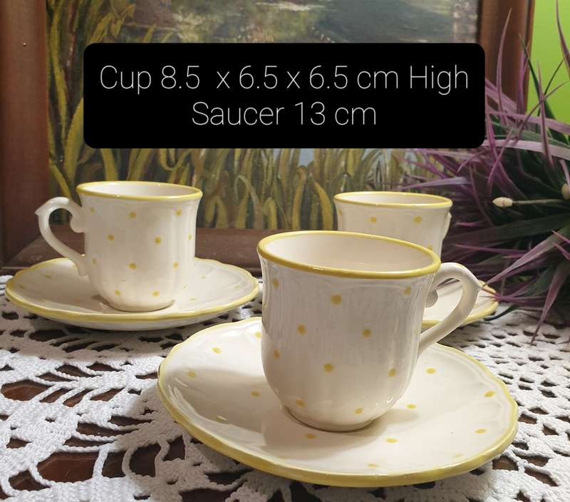 3 French Cups and Saucers for your Collection | Polka Dot | Yellow |