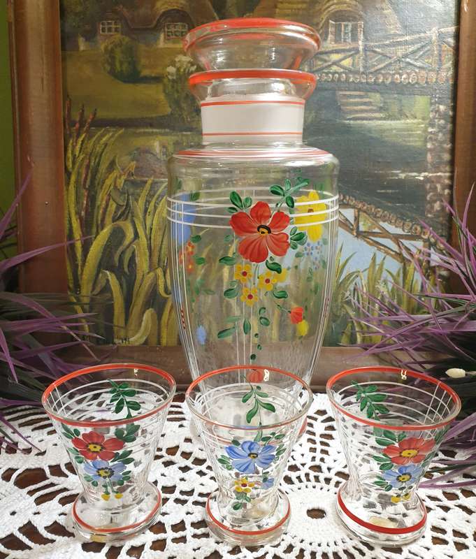 Czechoslovakia | hand painted | Decanter & 3 Glasses |  Fully Pre Loved |