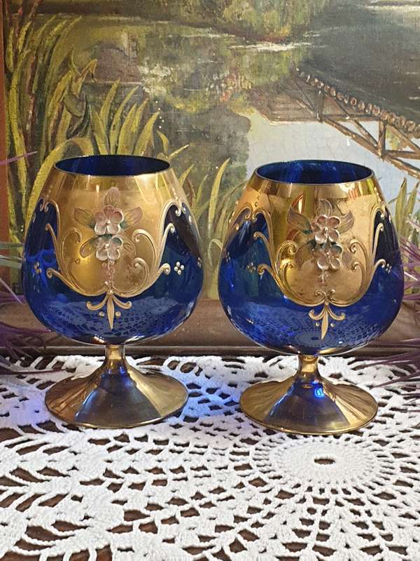 Italian Cobalt Blue Brandy Snifter Gold Trim Enameled Flowers 24kt | SET |