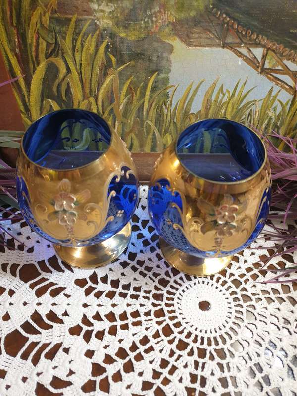Italian Cobalt Blue Brandy Snifter Gold Trim Enameled Flowers 24kt | SET |