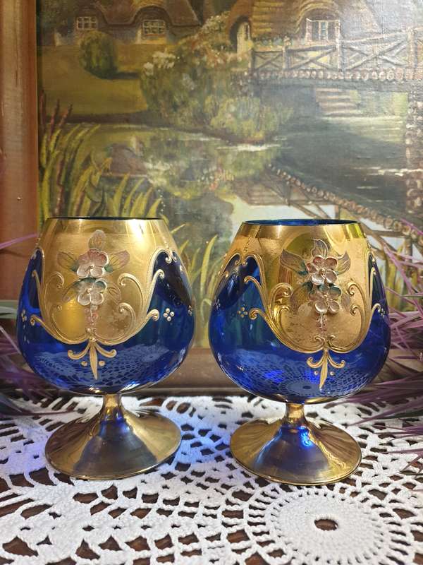 Italian Cobalt Blue Brandy Snifter Gold Trim Enameled Flowers 24kt | SET |
