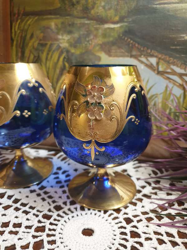 Italian Cobalt Blue Brandy Snifter Gold Trim Enameled Flowers 24kt | SET |