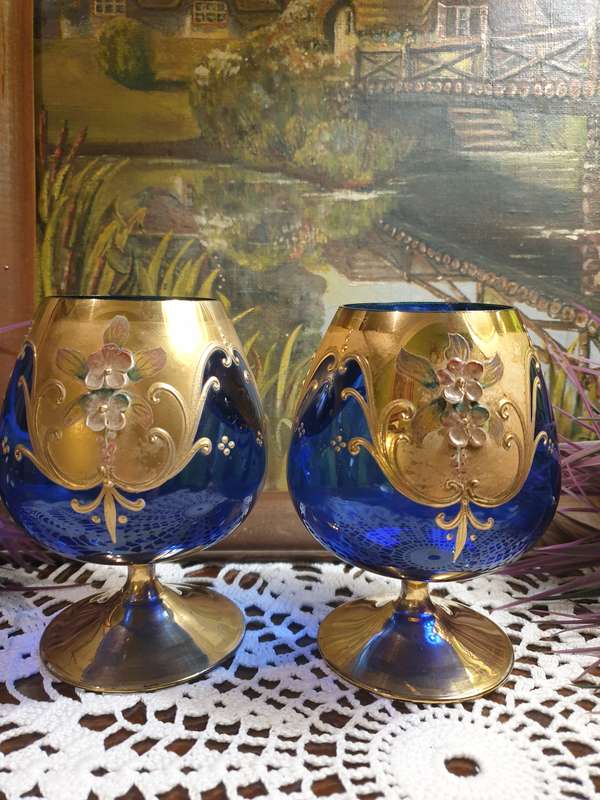 Italian Cobalt Blue Brandy Snifter Gold Trim Enameled Flowers 24kt | SET |