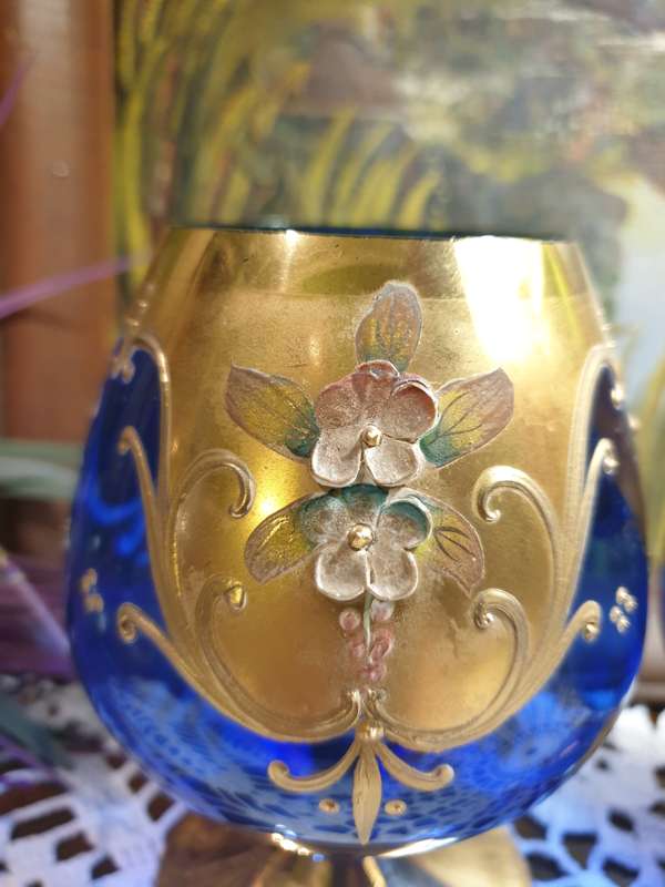Italian Cobalt Blue Brandy Snifter Gold Trim Enameled Flowers 24kt | SET |