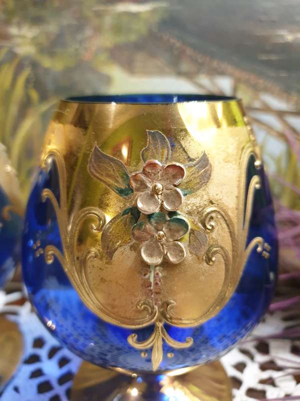 Italian Cobalt Blue Brandy Snifter Gold Trim Enameled Flowers 24kt | SET |