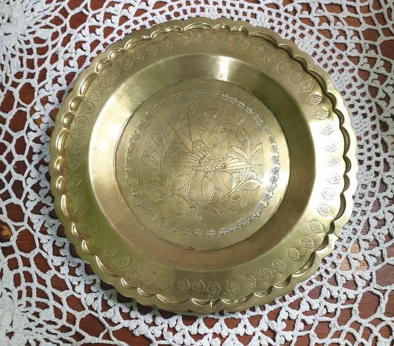 Vintage Brass Decorative Plate with Etched Floral Design  Scalloped Edge