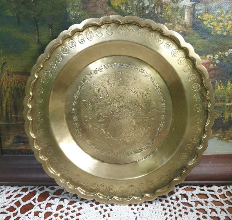 Vintage Brass Decorative Plate with Etched Floral Design  Scalloped Edge