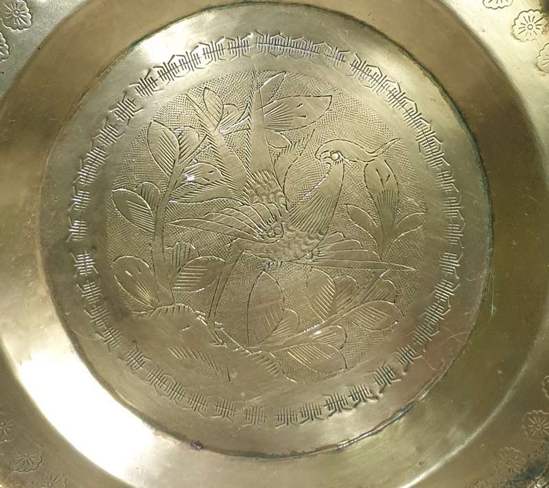 Vintage Brass Decorative Plate with Etched Floral Design  Scalloped Edge