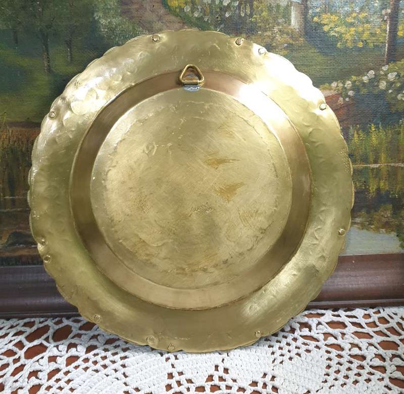 Vintage Brass Decorative Plate with Etched Floral Design  Scalloped Edge