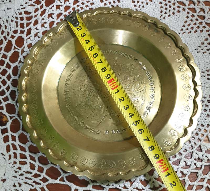 Vintage Brass Decorative Plate with Etched Floral Design  Scalloped Edge