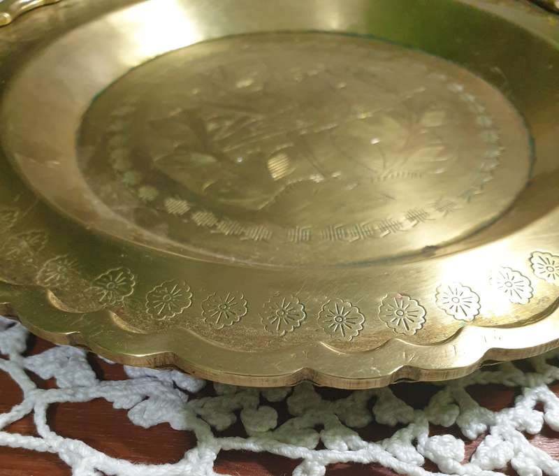 Vintage Brass Decorative Plate with Etched Floral Design  Scalloped Edge