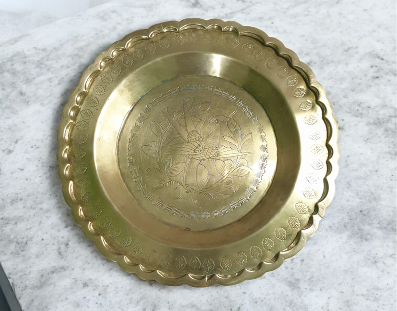 Vintage Brass Decorative Plate with Etched Floral Design  Scalloped Edge
