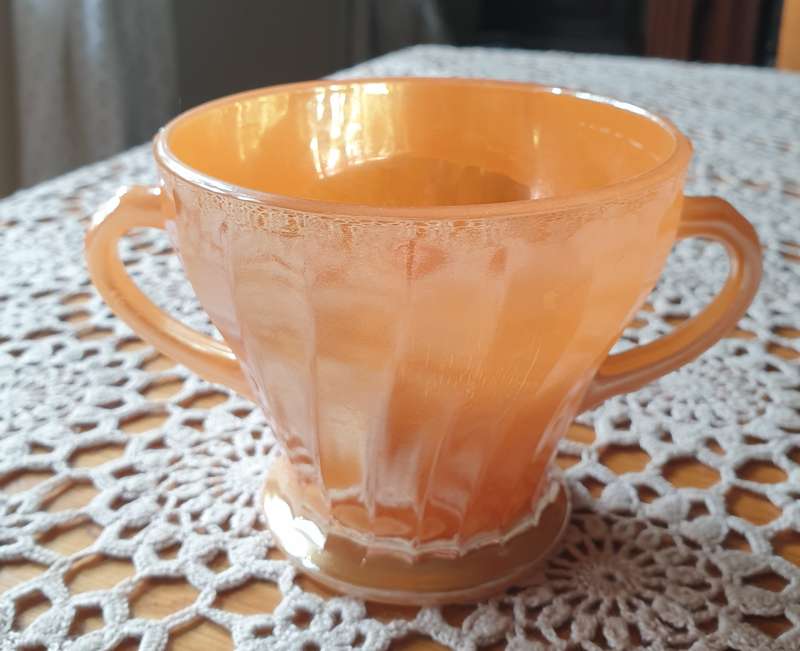 Vintage Anchor Hocking, FIRE KING Peach Lustre Swirl  Open Sugar Pot