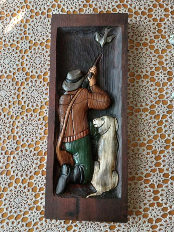 Vintage Hunter Dog Wood Wall Hanging Panel Plaque 3D Carved Painted Man Cave