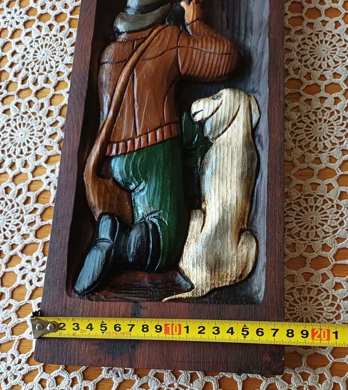 Vintage Hunter Dog Wood Wall Hanging Panel Plaque 3D Carved Painted Man Cave
