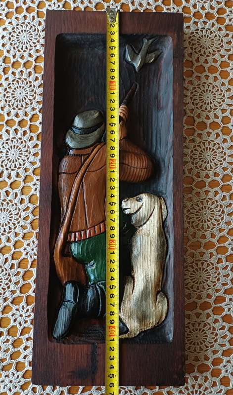 Vintage Hunter Dog Wood Wall Hanging Panel Plaque 3D Carved Painted Man Cave