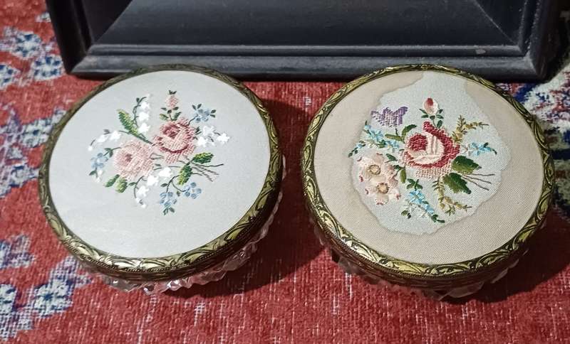 Vintage  glass powder bowls with brass lids |  dressing table accessories | trinket bowls |