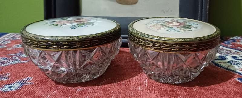 Vintage  glass powder bowls with brass lids |  dressing table accessories | trinket bowls |