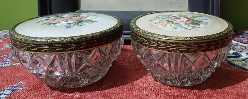 Vintage  glass powder bowls with brass lids |  dressing table accessories | trinket bowls |