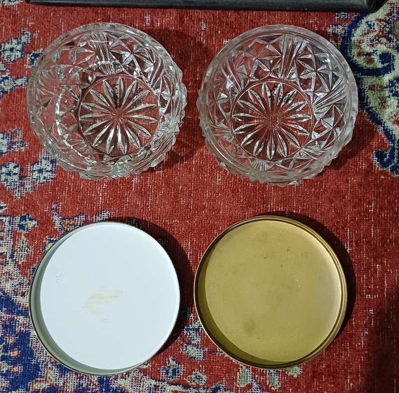 Vintage  glass powder bowls with brass lids |  dressing table accessories | trinket bowls |