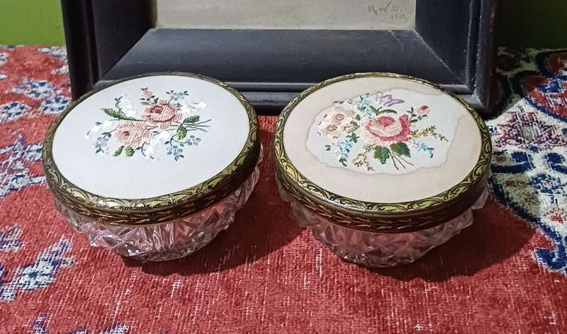 Vintage  glass powder bowls with brass lids |  dressing table accessories | trinket bowls |