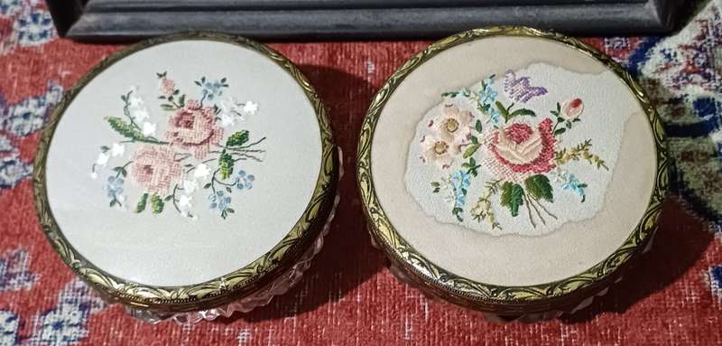 Vintage  glass powder bowls with brass lids |  dressing table accessories | trinket bowls |