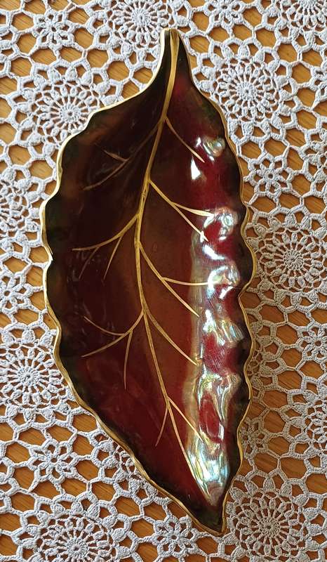 Vintage Crown Devon Leaf-Shaped Dish  Maroon with Gilded Leaf Veins  1930s1940s English Pottery