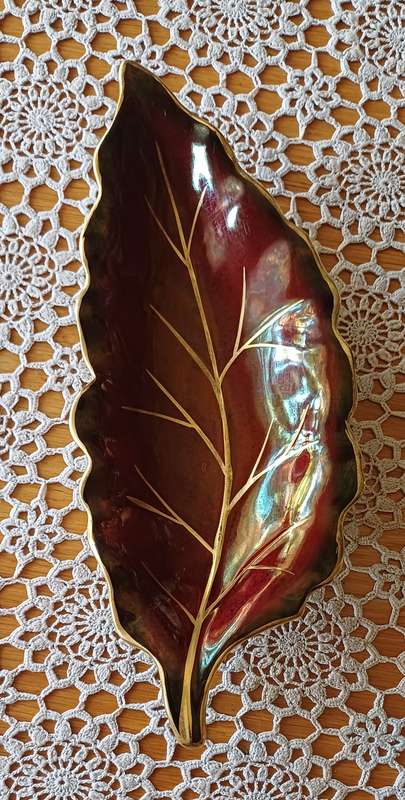 Vintage Crown Devon Leaf-Shaped Dish  Maroon with Gilded Leaf Veins  1930s1940s English Pottery