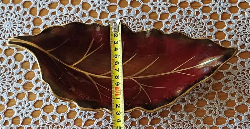 Vintage Crown Devon Leaf-Shaped Dish  Maroon with Gilded Leaf Veins  1930s1940s English Pottery